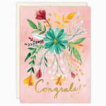 Pink congratulations card with a colorful floral bouquet illustration