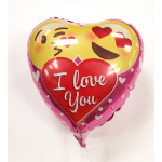 Heart-shaped foil balloon with "I love you" text and emoji faces