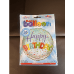 Packaged birthday foil balloon with colorful "Happy Birthday" text