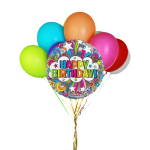 Cluster of colorful birthday balloons with a large "Happy Birthday" balloon