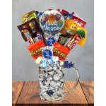 Blue Birthday candy bouquet in pretty tea glass