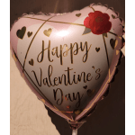 Heart-shaped balloon reading Happy Valentine's Day with gold hearts and a red rose