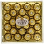 Square box of Ferrero Rocher chocolates with gold-wrapped candies in a plastic tray