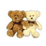Two teddy bears, one brown and one cream, sitting side by side