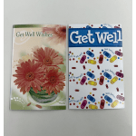 Two get-well greeting cards, one with pink flowers and one with colorful pill graphics.