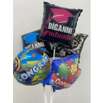 Cluster of graduation-themed foil balloons with congratulatory text