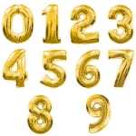 Set of gold number-shaped foil balloons from 0 to 9 arranged on a white background