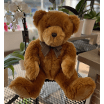 Brown teddy bear with a ribbon bow sitting among potted orchids