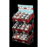 Display rack of assorted packaged candies in red trays