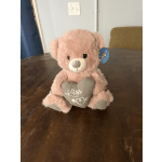 Pink teddy bear holding a heart-shaped pillow