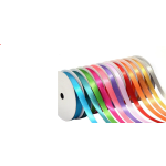 Spools of colorful satin ribbon stacked in a row