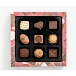 Box of assorted chocolates in a patterned gift box