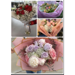 Bouquets of roses and mixed flowers wrapped in pastel paper