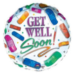 Round foil balloon with "GET WELL SOON" text and colorful bandage graphics