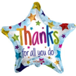 Star-shaped foil balloon with 'Thanks for all you do' text and colorful stars on a light background