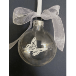Clear glass ornament with a silver ribbon bow and butterfly design