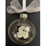 Clear glass ornament with a white ribbon bow and rose design