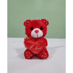 Red teddy bear holding a heart with "I love you" text
