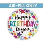 Round birthday balloon with colorful stars and dots