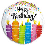 Round birthday balloon with colorful candles and confetti
