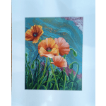 Framed floral artwork with orange and pink poppies on a blue background