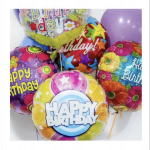 Cluster of colorful birthday balloons with printed messages