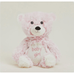 Pink teddy bear with "baby girl" text on its belly