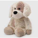Plush dog toy with floppy ears and beige patchwork fur