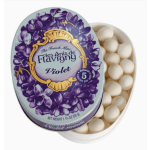 Tin of violet-flavored mints with white candies inside