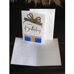 Birthday greeting card with a gold bow and gift box design