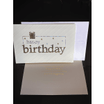Birthday greeting card with metallic lettering and a gift icon