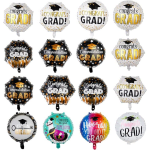 Assorted graduation balloons with congratulatory text and cap graphics