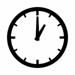 Black clock icon on a green striped background