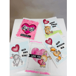 Five handmade Valentine cards with cartoon animals and heart balloons.