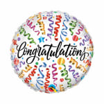 Round balloon with "Congratulations" text and colorful confetti streamers