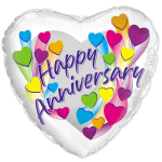 Heart-shaped anniversary balloon with colorful hearts and purple text