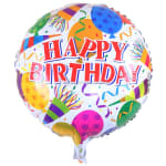 Round birthday balloon with colorful confetti and "Happy Birthday" text