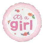 Pink round balloon with the words "it's a girl" and small floral accents