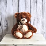 Brown teddy bear with a plaid bow sitting on a white surface