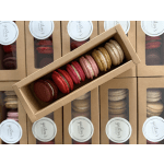 Box of assorted macarons in a kraft tray