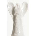 White ceramic angel figurine with folded hands and embossed swirl details