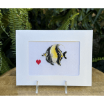 Cross-stitch card with a fish and small red heart