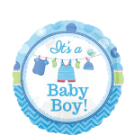 Round blue baby boy balloon with clothesline graphics and text