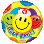 Round foil balloon with smiling faces and the words Get Well
