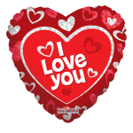 Heart-shaped red balloon with "I Love You" text and heart patterns