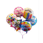 Cluster of colorful birthday balloons with printed messages