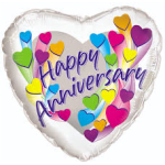 Heart-shaped balloon with "Happy Anniversary" text and colorful hearts