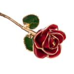 Red rose-shaped pin with green enamel leaves on a gold stem