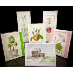 Assorted botanical greeting cards with watercolor fruit, flowers, and a house scene