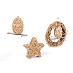 Three hanging bird feeders made of seeds and twigs, including an egg, star, and wreath shape.